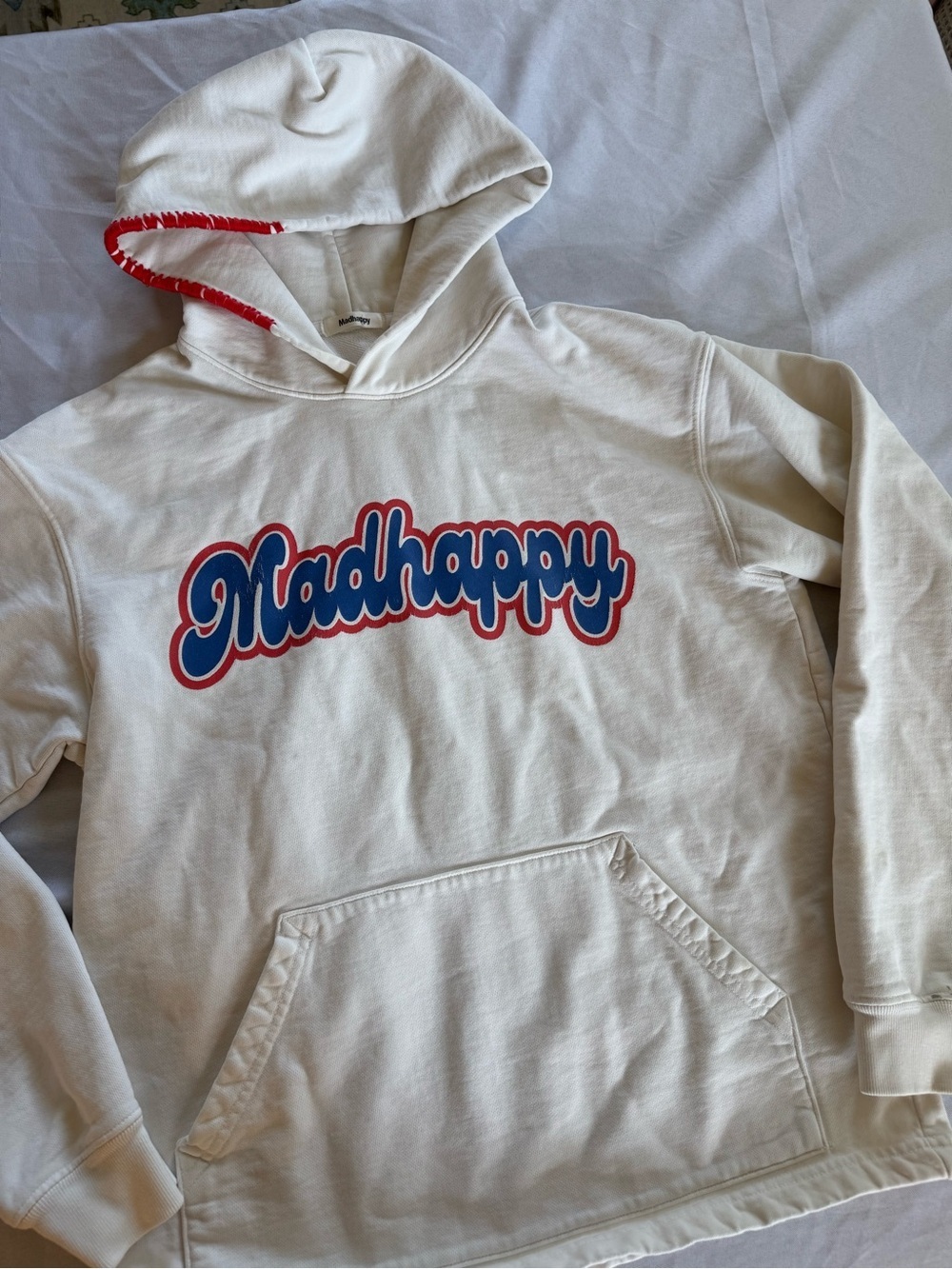 Madhappy Cream Hoodie with Blue and Red Logo and stitching - Picture 10 of 13